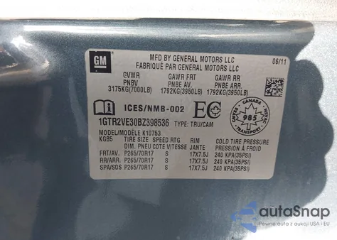 2011 GMC Sierra 1500 Sle from USA, damaged, VIN 1GTR2VE30BZ398536